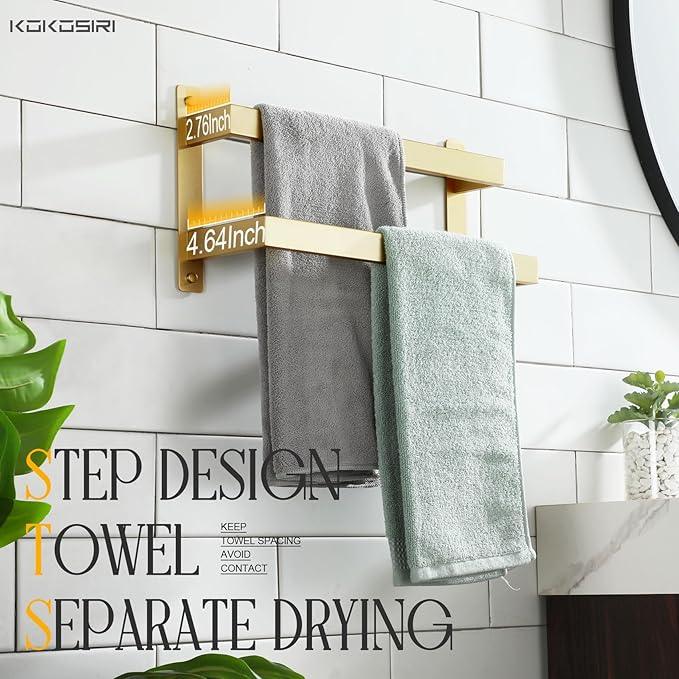KOKOSIRI 16'' Towel Bars Bathroom 2-Tiers Ladder Brushed Gold Towel Rails Towel Holders Wall Mounted Towels Shelves Rack Stainless Steel, B5008BG-L16 - ModernBath