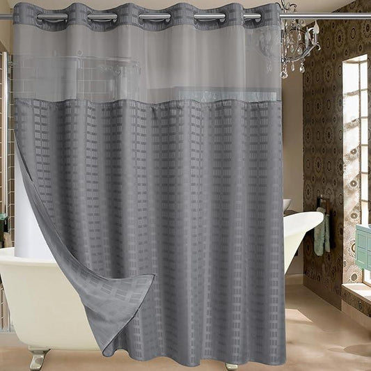 Conbo Mio Extra Wide No Hook Shower Curtain with Snap in Liner Set, 108" x 74" Hotel Luxury Grey Shower Curtains for Bathroom with See Through Top Window, Waterproof, Washable 108W x 74H - ModernBath