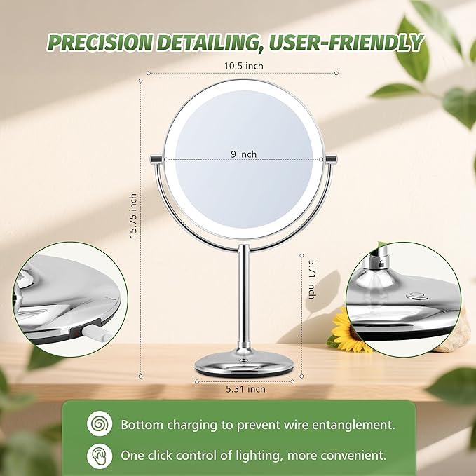 VORREMIRR 9" Large Lighted Makeup Mirror with Magnification 20X/1X, Magnifying Mirror with Base Charging and Switch, Rechargeable Vanity Mirror with 3 Color Dimmable Lights for Dresser, Bathroom - ModernBath