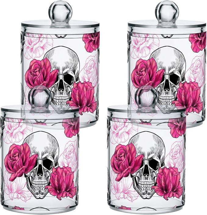 BOENLE 2 Pack Qtip Holder Dispenser Skull Rose Flower Bathroom Storage Canister Lid Acrylic Plastic Apothecary Jar Set Vanity Makeup Organizer for Cotton Swab/Ball/Round Pads, Floss - ModernBath