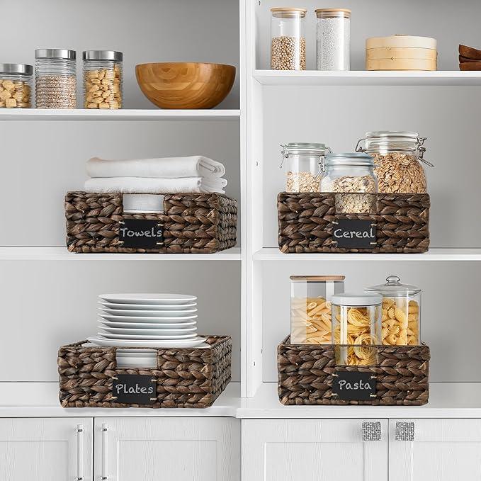 Casafield Set of 4 Water Hyacinth Pantry Baskets, 12-1/2" x 17" x 5", with Chalkboard Labels and Chalk Marker - Espresso, Woven Storage Bin Organizers for Kitchen Shelves - ModernBath