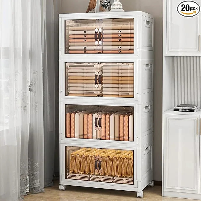 Storage Bins with Lids and Wheels, 440QT-110QT*4Tier Collapsible Bathroom Storage Cabinet with Clear Doors, Plastic Stackable Closet Organizers and Containers White - ModernBath