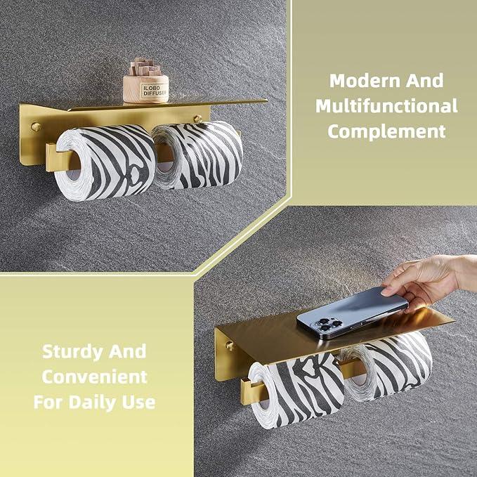 Angle Simple Toilet Paper Holder with Shelf Brushed Gold, 304 Stainless Steel Double Toilet Tissue Holder for Wall - ModernBath