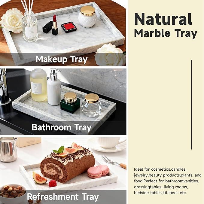 MARBLOC 12"x8" Marble Tray White Rectangular Bathroom Tray countertop, Vanity & Kitchen | Includes Mirror Wiper and Wash Towel | Decorative Organizer for Perfume, Jewelry & Home Decor - ModernBath