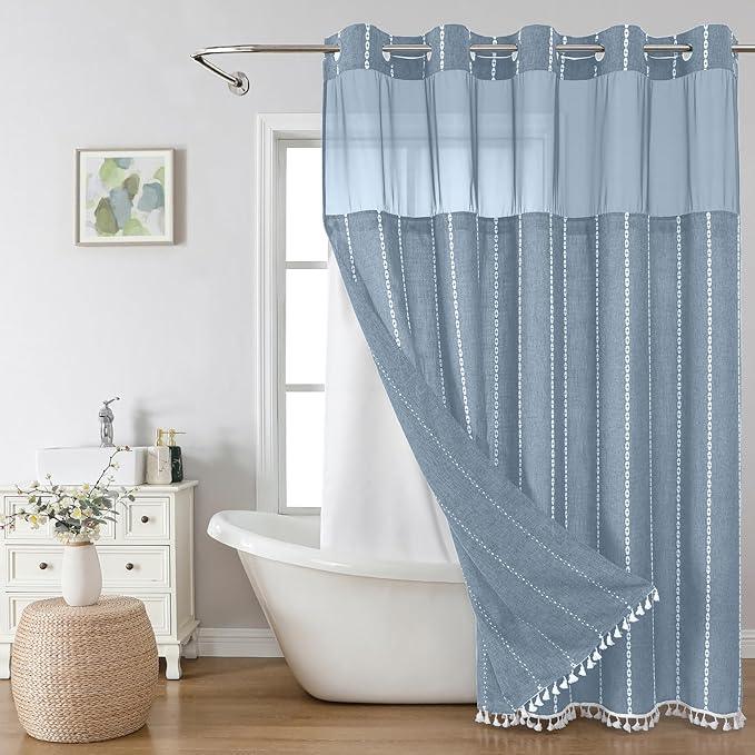 eachope No Hook Extra Long Shower Curtain Set with Snap-in Liner,Linen Textured Thick Striped Fabric with Tassels,Boho Chic Modern Farmhouse Bathroom Curtain,Water-Repellent,Blue,71x86 - ModernBath