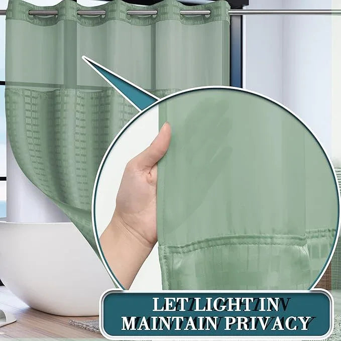 Conbo Mio Extra Long No Hook Sage Green Shower Curtain with Snap in Liner Set, Hotel Luxury Shower Curtains for Bathroom with See Through Top Window, Waterproof, Washable 71W x 84H - ModernBath