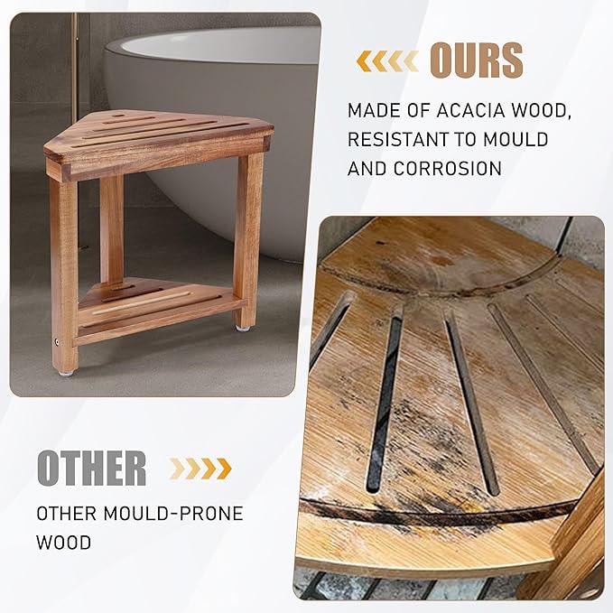 Boulphia Shower Foot Rest 14in, Acacia Wood Shower Stool for Shaving Legs, Waterproof Corner Shower Stool with Storage Shelf for Inside Small Shower Spaces, Wood Color - ModernBath