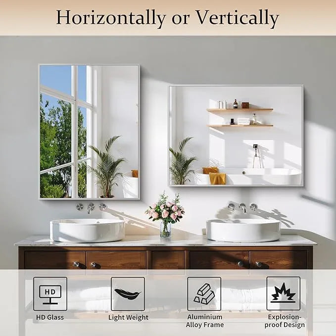 COFENY Silver Bathroom Mirror for Wall, 24x32 Inch Rectangle with Metal Frame, Modern Vanity for Bathroom Living Room, Entryway Hangs Horizontal or Vertical - ModernBath