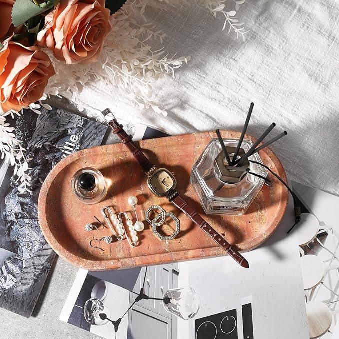 Koville Turkish Red Travertine Tray, 10" x 5" Vanity Decorative Marble Tray for Bathroom, Home Décor Trays for Countertop Organizer, Catchall Trays for Perfume, Candles, Jewelry - ModernBath