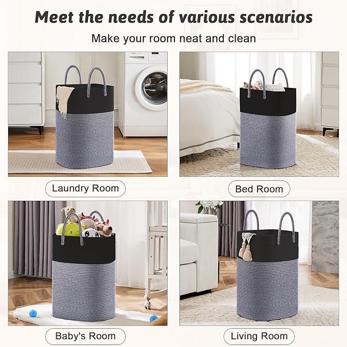 Laundry Basket,Woven Cotton Rope Laundry Hamper,Versatile Storage for Dirty Clothes,Baby Toys,and Blankets in Bathroom, Nursery,and Living Room (Black, 80L) - ModernBath