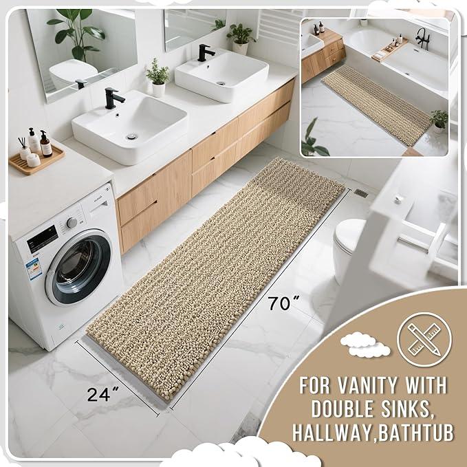 Yimobra Bathroom Runner Rug 70x24 Inch - Extra Long Non Slip Chenille Bath Mat, Soft & Absorbent, Machine Washable Shaggy Hallway Carpet for Vanity Tub Shower, Camel Home Decor Accessories - ModernBath