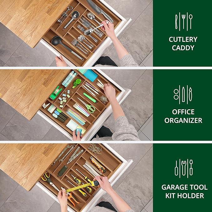 ROYAL CRAFT WOOD Luxury Bamboo Kitchen Drawer Organizer - Silverware Organizer - Utensil Holder and Cutlery Tray with Grooved Drawer Dividers for Flatware and Kitchen Utensils (9 Slot, Brown Bamboo) - ModernBath