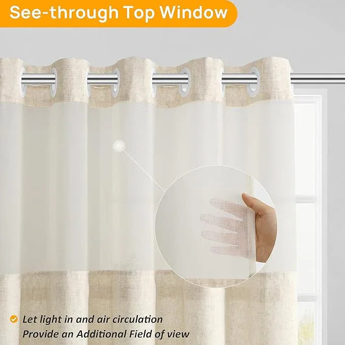 No Hooks Linen Shower Curtain with Snap in Liner Set Rustic Farmhouse Shower Curtains for Bathroom Cream Burlap Cloth Double Bath Curtains with See Through Top Window 72x75 - ModernBath