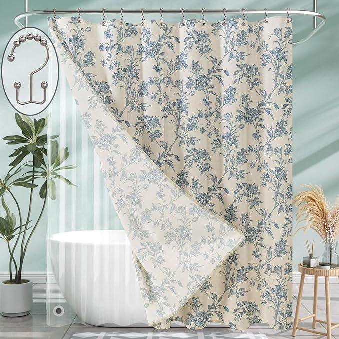 3 in 1 Shower Curtain with Liner and Hooks Blue Floral Cotton Linen Shower Curtain for Bathroom 72" W x 72" L Double Layer Shower Curtain - ModernBath