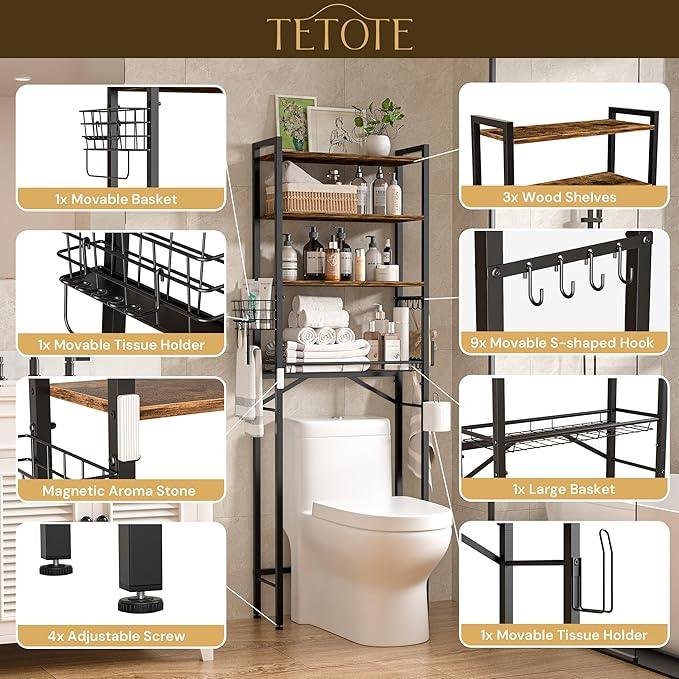 TETOTE Over Toilet Bathroom Organizer, 4-Tier Bathroom Over The Toilet Storage with Adjustable Shelf and Basket, Freestanding Space Saver Bathroom Shelves Above Toilet for Room(Brown) - ModernBath
