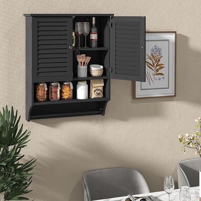 Giantex Bathroom Cabinet Wall Mounted - Hanging Medicine Cabinet with 2 Louvered Doors, 3-Position Adjustable Shelf, Towel Bar, Over The Toilet Space Saver (Black) - ModernBath