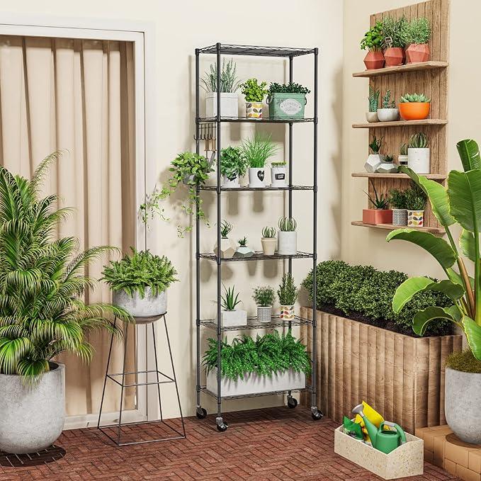 Homdox 6-Tier Storage Shelf Wire Shelving Unit Free Standing Rack Organization with Caster Wheels, Stainless Side Hooks, Black - ModernBath
