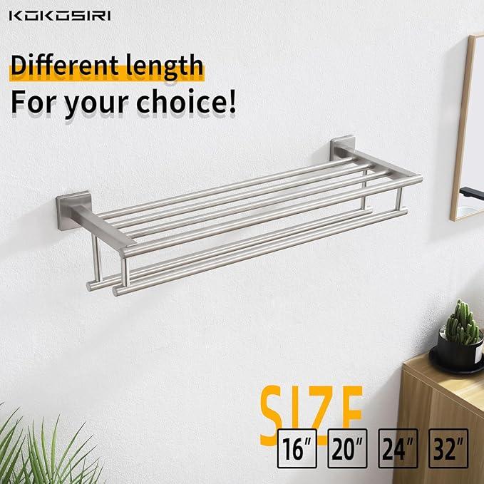 KOKOSIRI 20 Inch Towel Rail Towel Shelf with Double Towel Bars Bathroom Towel Rack Towel Holder Wall Mounted SUS 304 Stainless Steel, Brushed Nickel, B6005BR-L20 - ModernBath