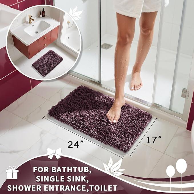 Yimobra Chenille Bathroom Rugs Non Slip, Extra Thick Soft Absorbent Bath Rug, Machine Washable Quick Dry Bath Mat for Bathroom Floor, Tub and Shower, Home Decor Accessories, 24x17, Purple Grey - ModernBath