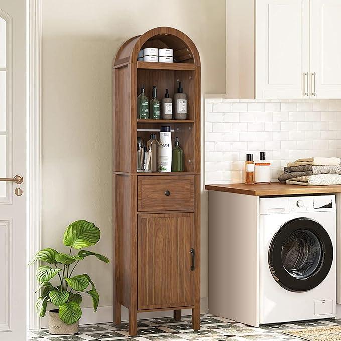 64" Tall Bathroom Storage Cabinet with Adjustable Shelves,Tall Narrow Arched Freestanding Tower Cabinet with Fluted Doors and Drawers,Space Saving Organizer for Bathroom Living Room (Walnut) - ModernBath