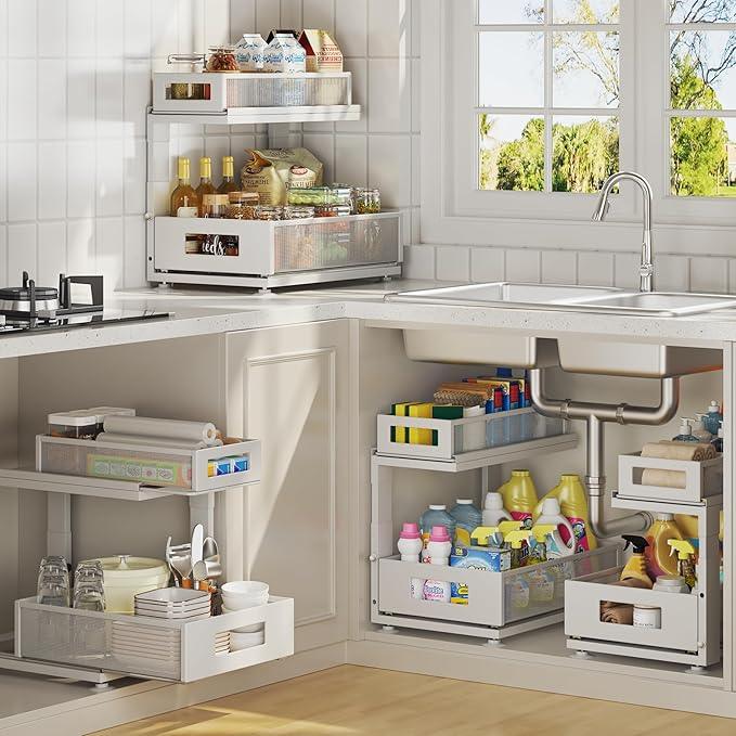 2 Pack Under Sink Organizer with Next-Gen Ball-Bearing Slides,2-Tier Pull Out Cabinet Storage,Height Adjustable Drawer Shelf for Bathroom,Kitchen,Laundry,Cabinet,Pantry(Patent Pending) - ModernBath
