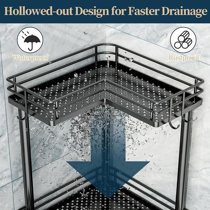 Consumest Corner Shower Caddy Standing - 3-Tier Stainless Steel Shower Organizer with Soap Holder and 4 Hooks, Large Capacity Corner Shelf Stand for Bathroom, Rest Room, Black - ModernBath