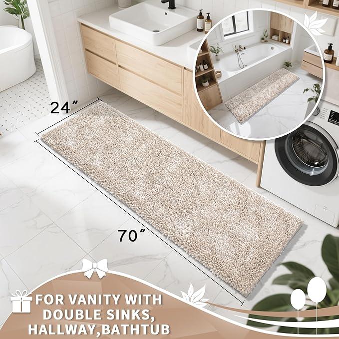 Yimobra Long Bathroom Rugs Runner 70x24 Inch, Extra Thick Soft Absorbent Chenille Bath Mat, Non Slip Machine Washable, Quick Dry Bath Rugs for Bathroom Floor, Tub and Shower, Khaki - ModernBath