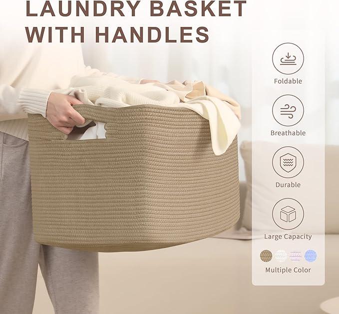 86L Large Wicker Laundry Basket for Living Room Storage,Boho Woven Cotton Rope Baskets for Kids Toy,Gifts,Square Blanket Hamper for Bedroom Dirty Clothes,Jute - ModernBath