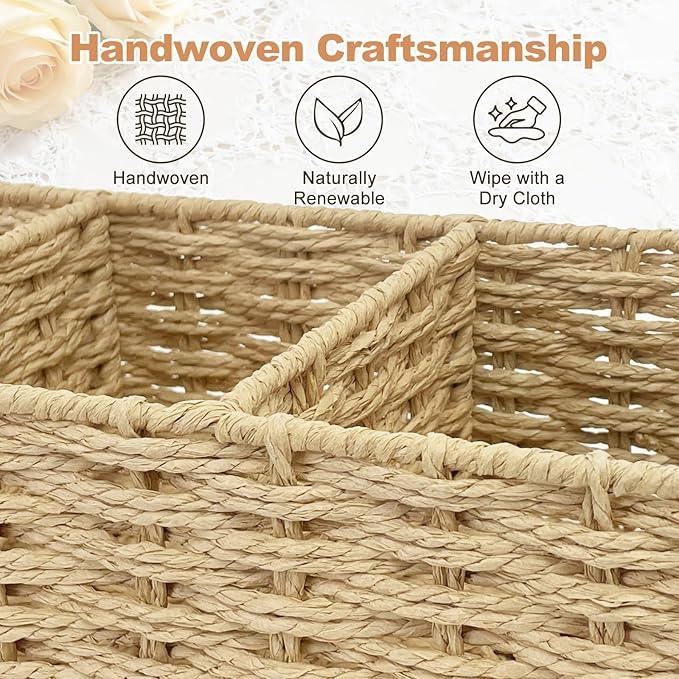 Seagrass Wicker Basket for Toilet Tank Top, 3-Compartment Handwoven Bathroom Organizer for Toilet Paper, Pads, and Accessories (1, Natural (Seagrass)) - ModernBath