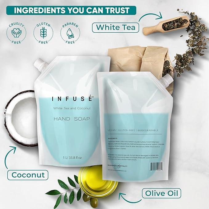 INFUSÉ 1 Liter Hand Wash Refill Bag For Soap Dispensers | Bulk Toiletries for Vacation Rentals, and Home Bathroom Showers | White Tea and Coconut | Single - ModernBath