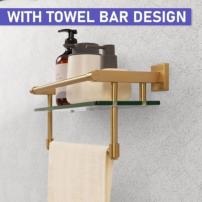 Bathroom Glass Shelf Brushed Gold Finish with Towel Rack, SUS304 Stainless Steel, 16-inch Tempered Glass Shelves for Wall - ModernBath
