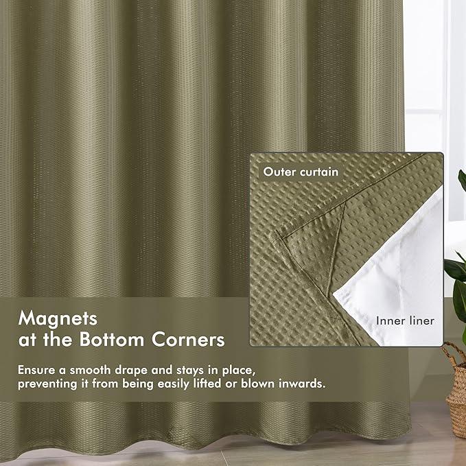 Mrs Awesome No Hook Shower Curtain with Snap-in Liner, Embossed Waffle Design Fabric Shower Curtain for Bathroom, Soft & Lightweight, 71x74, Taupe - ModernBath