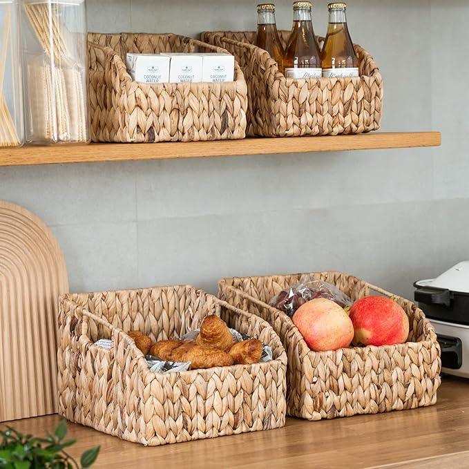 FairyHaus Wicker Baskets 2 Pack, Natural Large Wicker Baskets for Storage, Nesting Hand-woven Water Hyacinth Wicker Baskets for Organizing with Built-in Handles, 9"L x 11"W x 7"H - ModernBath