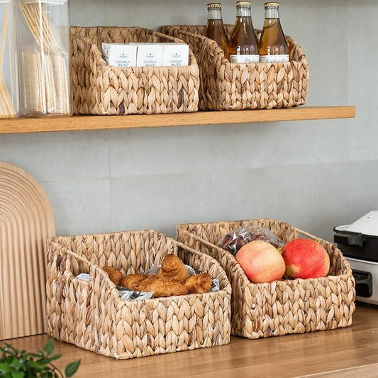 FairyHaus Wicker Baskets 2 Pack, Natural Large Wicker Baskets for Storage, Nesting Hand-woven Water Hyacinth Wicker Baskets for Organizing with Built-in Handles, 9"L x 11"W x 7"H - ModernBath