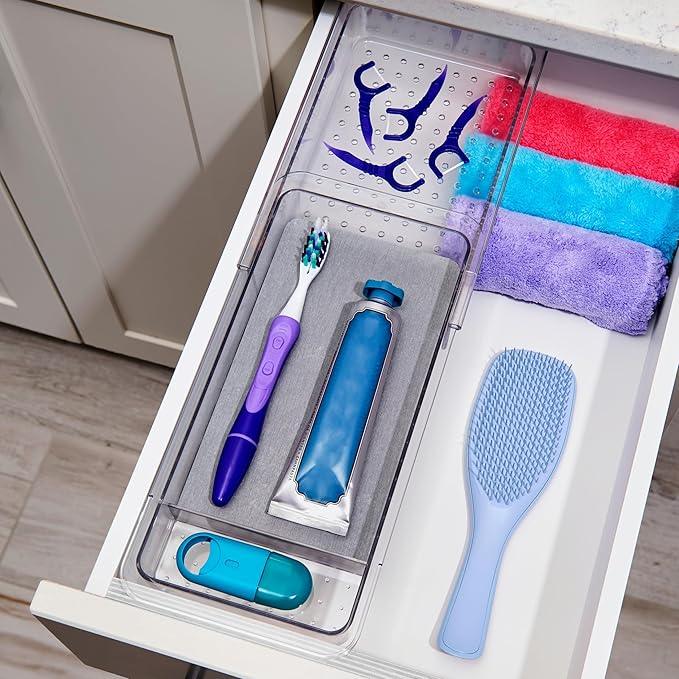 madesmart Expandable Dental Tray Drawer Organizer with Drying Stone, Clear Plastic Organizer for Toothbrush, Dental Floss, Water Flosser, Mouthwash - ModernBath