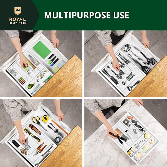 ROYAL CRAFT WOOD Luxury Bamboo Kitchen Drawer Organizer - Silverware Organizer - Utensil Holder and Cutlery Tray with Grooved Drawer Dividers for Flatware and Kitchen Utensils (7 Slot, White) - ModernBath