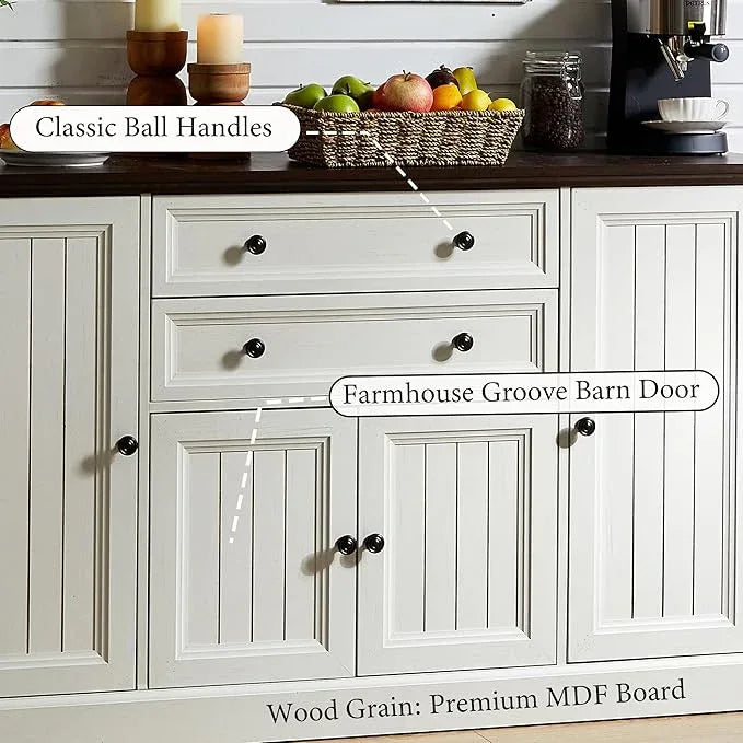 Farmhouse 58" Buffet Cabinet with Storage, 34" Tall Coffee Bar Cabinet w/2 Large Drawers & 4 Grooved Barn Doors, Wood Rustic Sideboard Buffet Cabinet for Dinning Room, Kitchen, Living Room,White - ModernBath