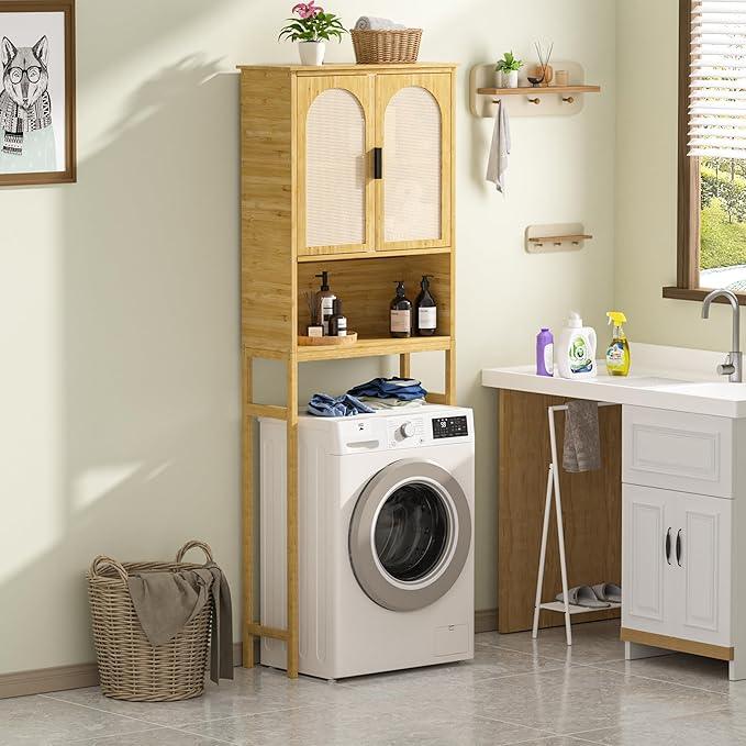 BlueWish Bathroom Organizers and Storage, Bamboo Over The Toilet Storage Cabinet with Inverted U-Shaped Door & Anti-Tip Device, Space Saver, Natural - ModernBath
