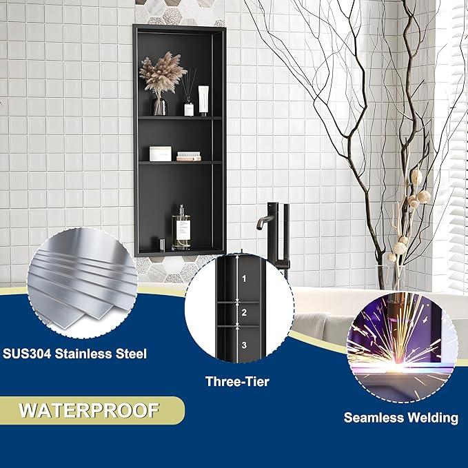 Qeke Stainless Steel Shower Niche 12" X 30", No Tile Needed Wall Niche Three-Tiers, Recessed Shower Shelf for Bathroom Storage, Matte Black - ModernBath