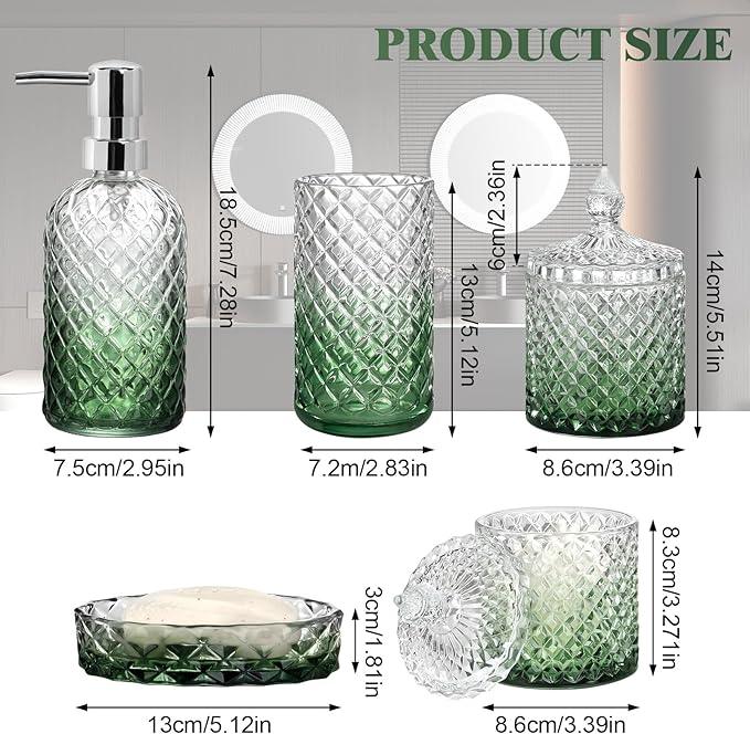 Ulable Bathroom Accessories Set, 5Pcs Bathroom Soap Dispenser Set, Glass Bathroom Accessories with Glass Soap Dispenser, Soap Dish, Toothbrush Holder, Tumbler, Cotton Swab Jar (Gradient Clear & Green) - ModernBath