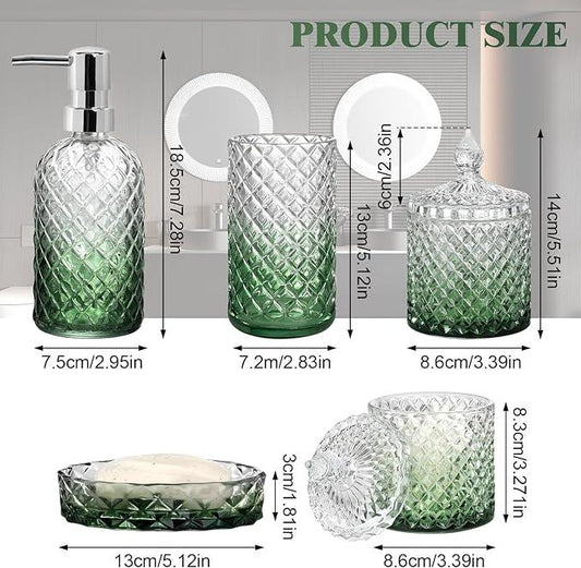 Ulable Bathroom Accessories Set, 5Pcs Bathroom Soap Dispenser Set, Glass Bathroom Accessories with Glass Soap Dispenser, Soap Dish, Toothbrush Holder, Tumbler, Cotton Swab Jar (Gradient Clear & Green) - ModernBath