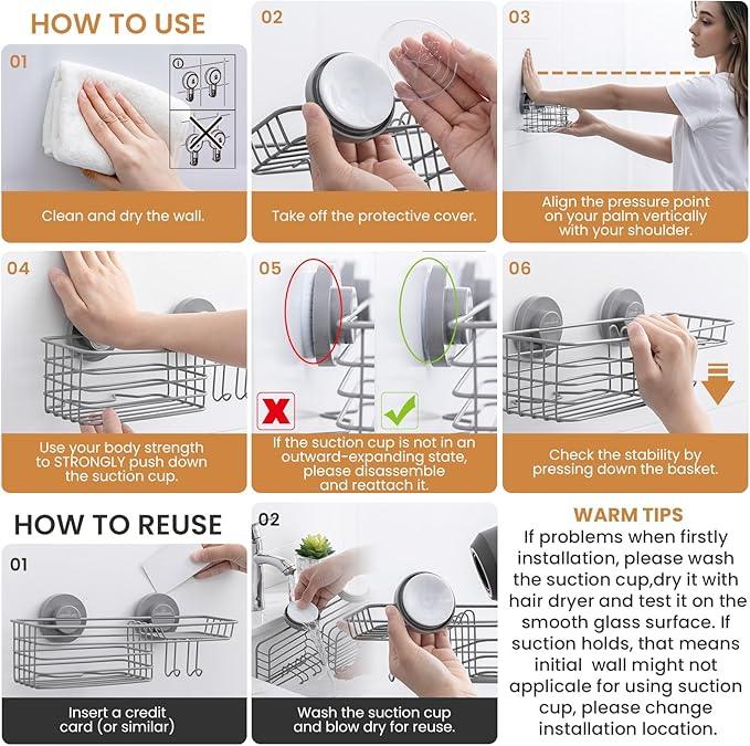 LEVERLOC Shower Caddy Suction Cup, Heavy Duty Bathroom Organizer for Inside Shower with Hooks & Soap holder， NO-Drilling Bathroom Holder-Grey - ModernBath