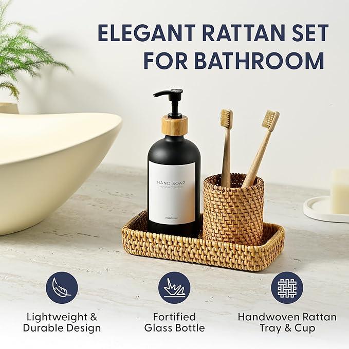 MaisoNovo Rattan Bathroom Set - Black Countertop Dispenser, Toothbrush Holder & Toothpaste Cup with Tray - Set of 3 - Rattan Bathroom Vanity Trays Rectangle for Storage - ModernBath