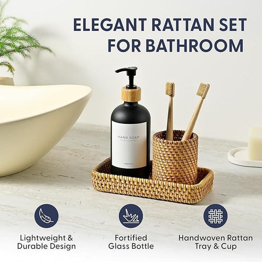 MaisoNovo Rattan Bathroom Set - Black Countertop Dispenser, Toothbrush Holder & Toothpaste Cup with Tray - Set of 3 - Rattan Bathroom Vanity Trays Rectangle for Storage - ModernBath
