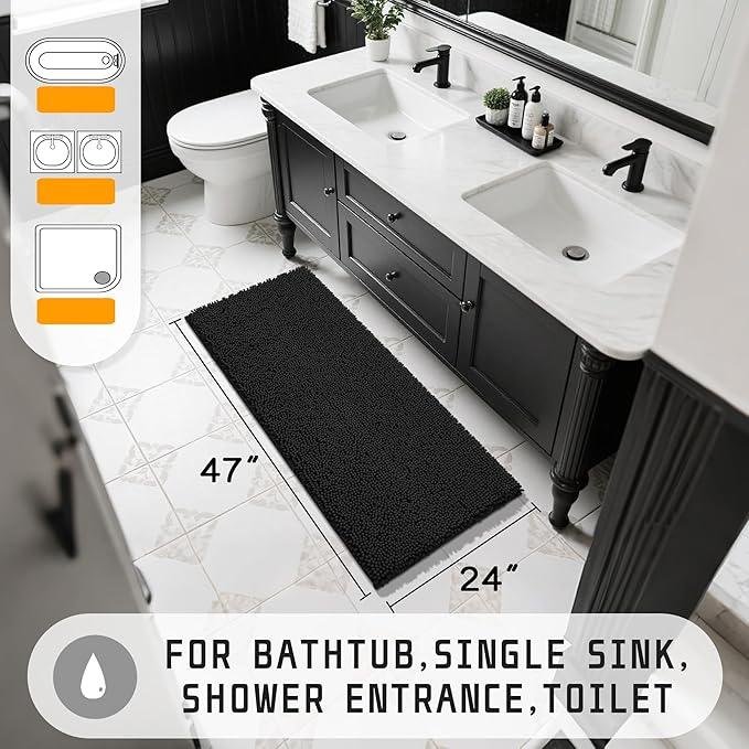 Yimobra Long Bathroom Rugs 47"x24", Extra Soft Non Slip Bath Mat for Tub, Super Absorbent Quick Dry Shaggy Rug Floor Carpet, Machine Washable,Black - ModernBath