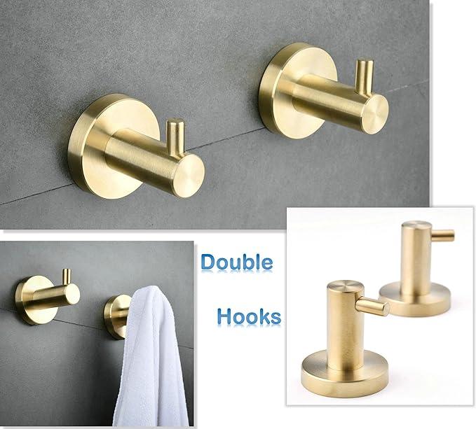 SHUNLI 5 Pieces Bathroom Accessories Hardware Set (Adjustable Towel Bar 16 to 26 Inch, Toilet Paper Holder, Towel Ring, 2PCS Hook) Brushed Gold Wall Mounted Bath Fixtures Set, SUS304 Stainless Steel - ModernBath