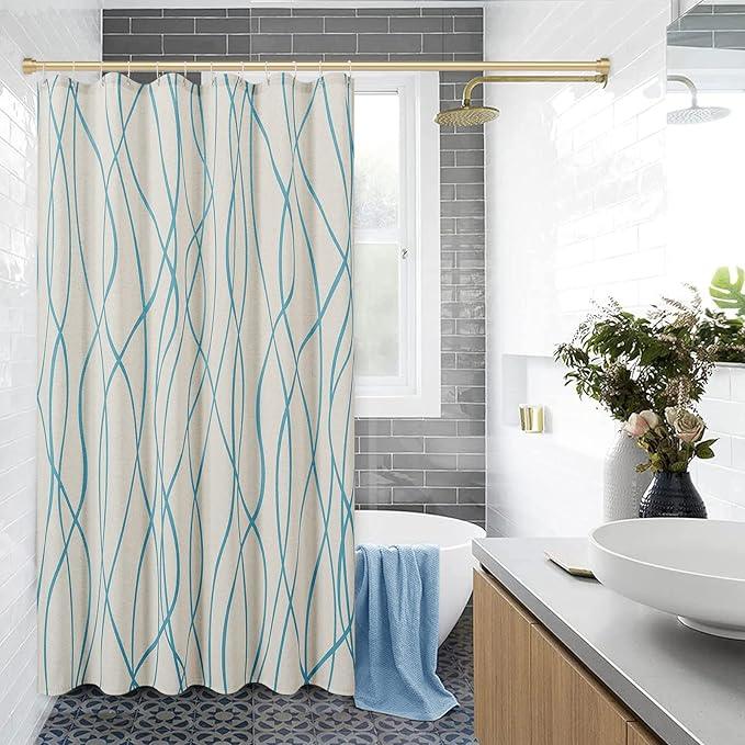 Blue Modern Farmhouse Linen Shower Curtain, Country Cottage Bathroom Decor Striped Minimal Boho Textured Linen Shower Curtain Set with Hooks, 72x72 - ModernBath