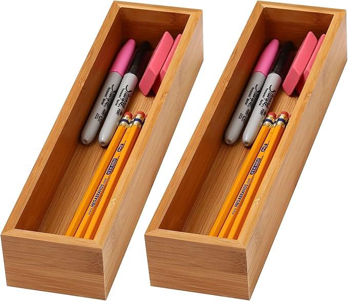 YBM Home Bamboo Drawer Organizer Storage Box for Kitchen Drawer, Junk Drawer, Office, Bedroom, Children Room, Craft, Sewing, and Bathroom, 2 Pack 3x12x2 inch - ModernBath