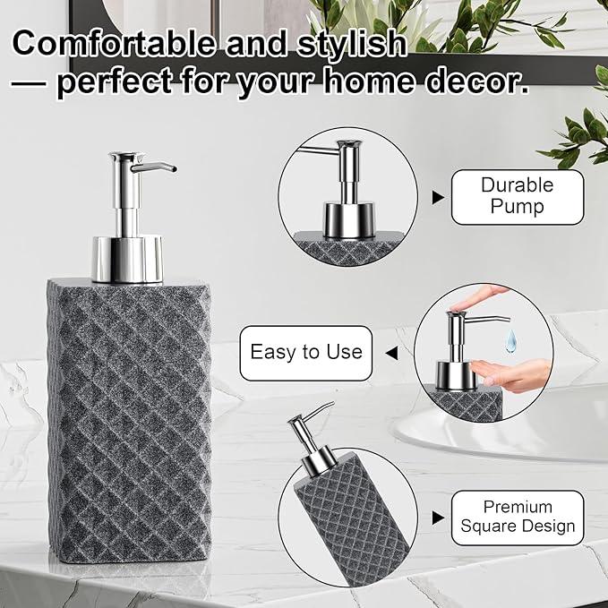Bathroom Accessories Set Resin 6PCS, Square Toothbrush Holders Set Complete with Soap Dispenser, Vanity Tray, Tumbler, Cups and Cotton Swab Jars (Gray Diamond, Resin Bath 6 PCS) - ModernBath