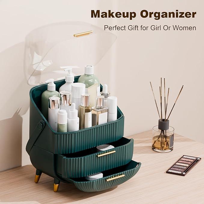 lurcns Makeup Organizers and Storage Make up Organizer for Vanity Cosmetics Skincare With Lid and Drawers Display Cases for Countertop Bathroom Women Teenager Girl Gifts(Dark Green) - ModernBath